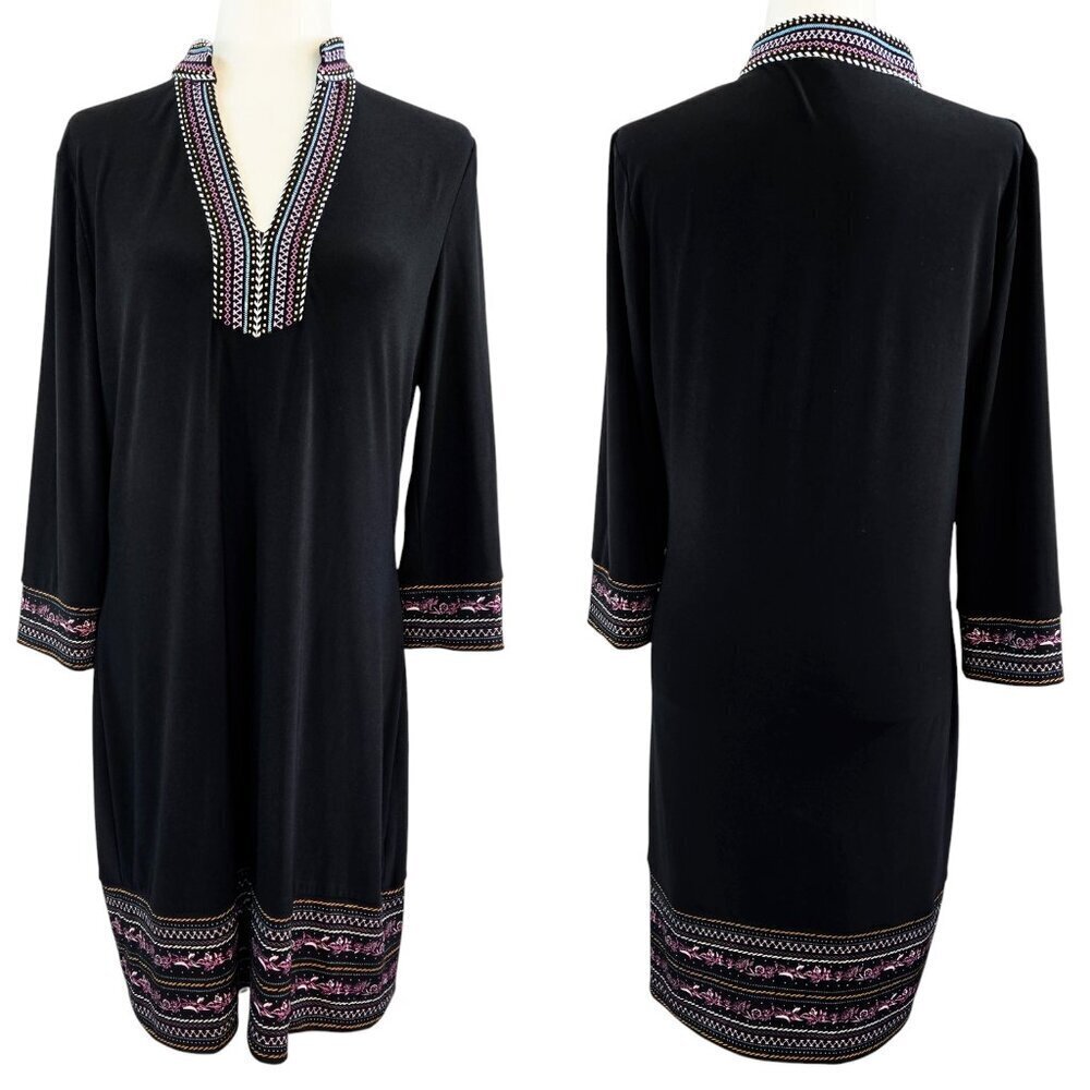 White House Black Market Black Bordered Beaded Liquid Knit Dress Boho Tribal